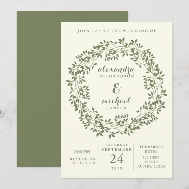 Sage and Ivory Rustic Botanical Wreath Wedding Invitation (Front/Back)