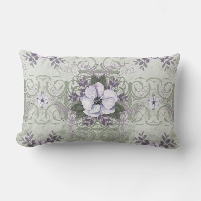 Sage and Lavender Vintage Floral Throw Pillow (Front)