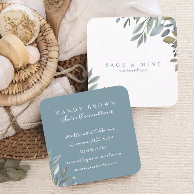 Sage And Leaf Watercolor Greenery Square Business Card (Creator Uploaded)