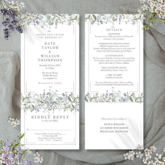 Sage And Lilac Floral All In One Wedding Invitation (Sage And Lilac Floral All In One Wedding Invitation)