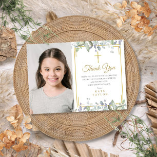 Sage and Lilac Floral First Holy Communion Photo Thank You Card