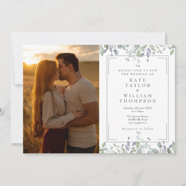 Sage And Lilac Floral Photo All In One Wedding Invitation (Front)