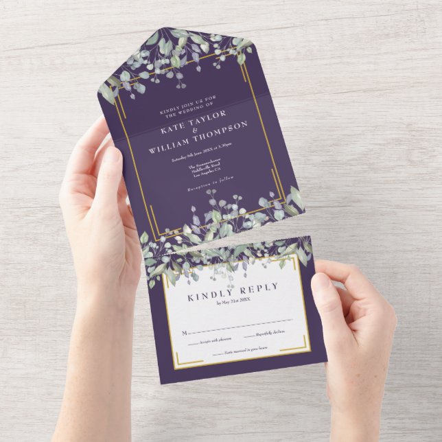 Sage And Lilac Foliage Purple Monogram Wedding All In One Invitation (Tearaway)