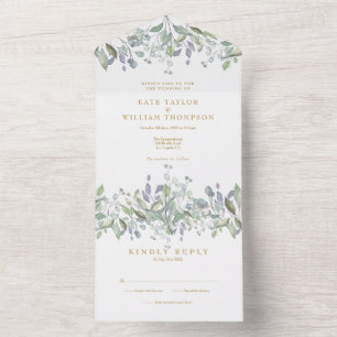 Sage And Lilac Gold Floral Monogram Wedding All In One Invitation