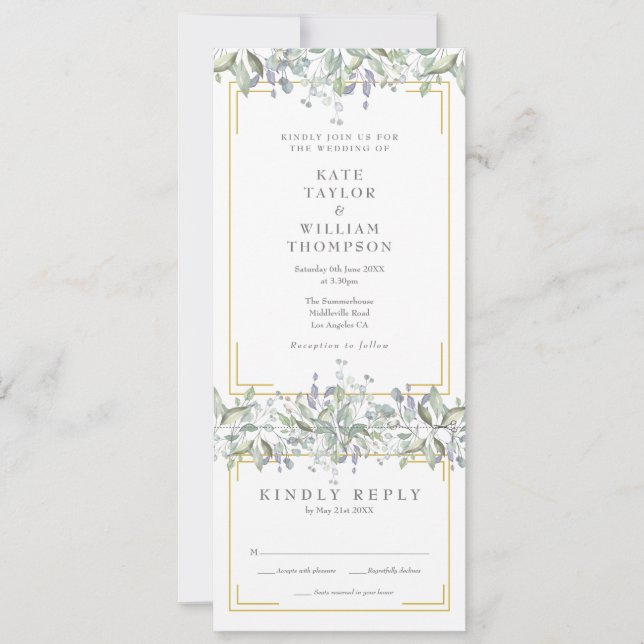 Sage And Lilac Greenery All In One Wedding Invitation (Front)