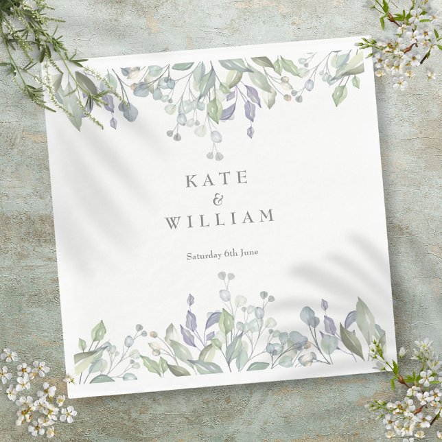 Sage and Lilac Watercolor Greenery Floral Wedding Napkin (Sage and Lilac Watercolor Greenery Floral Wedding Napkins)