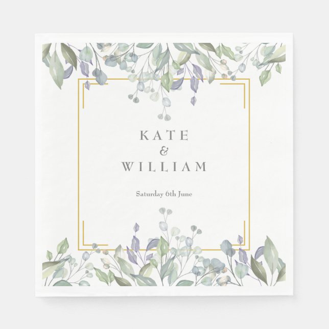 Sage and Lilac Watercolour Floral Wedding Napkin (Front)