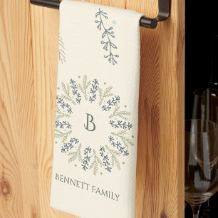 Sage and Teal Holiday Wreath Monogram Christmas Tea Towel