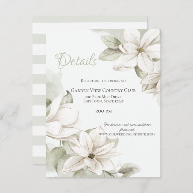 Sage and White Magnolias Wedding Details Invitation (Front/Back)