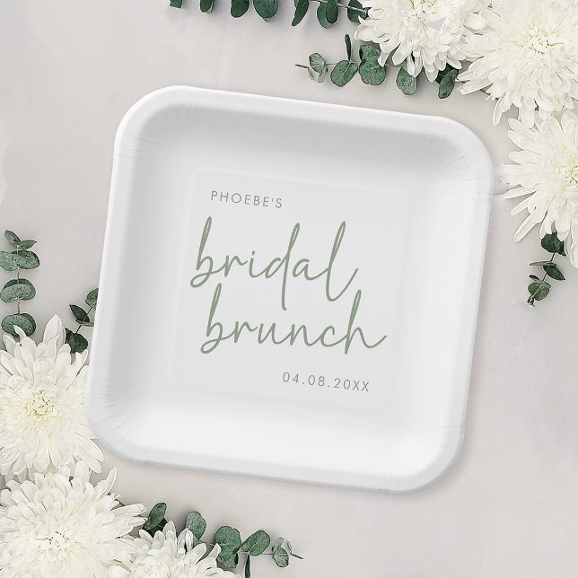 Sage and White Minimalist Script Bridal Brunch Paper Plate (Creator Uploaded)