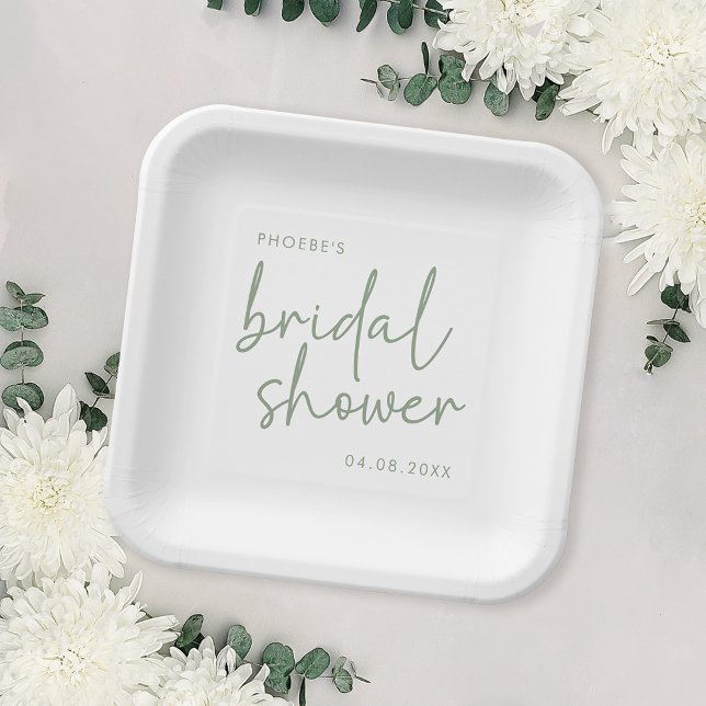 Sage and White Minimalist Script Bridal Shower Paper Plate (Creator Uploaded)