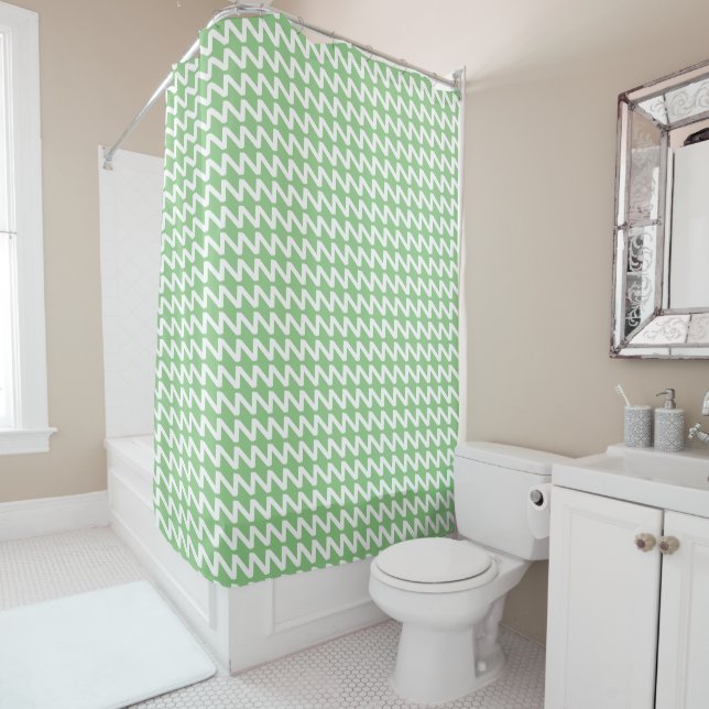 Sage and white Modern Sharp Waves Shower Curtain (In Situ)