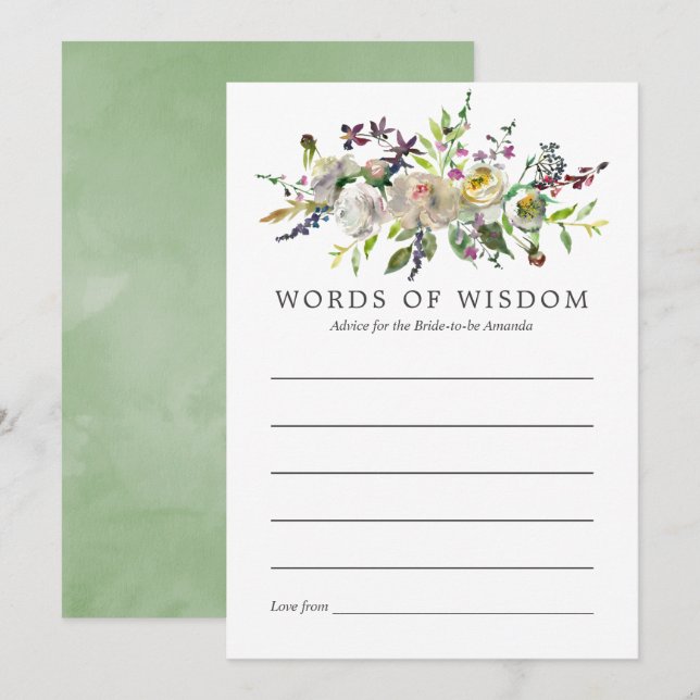 Sage and White Watercolor Bridal Shower Advice Invitation (Front/Back)