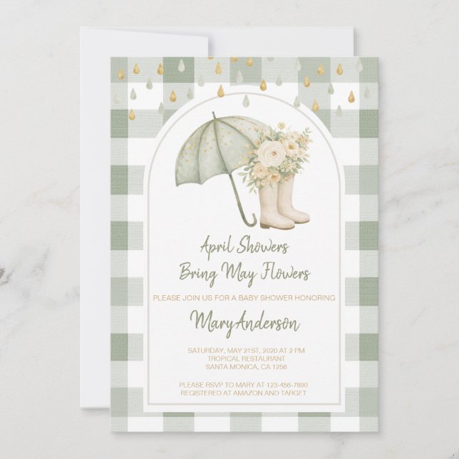 Sage April Showers Green Gingham Baby Shower  Invitation (Front)