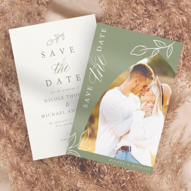 Sage Arch Boho Minimal Leaf Photo Save The Date (Creator Uploaded)