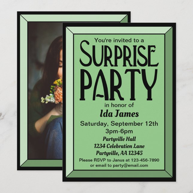Sage Art Deco Photo Birthday Surprise Party Invitation (Front/Back)