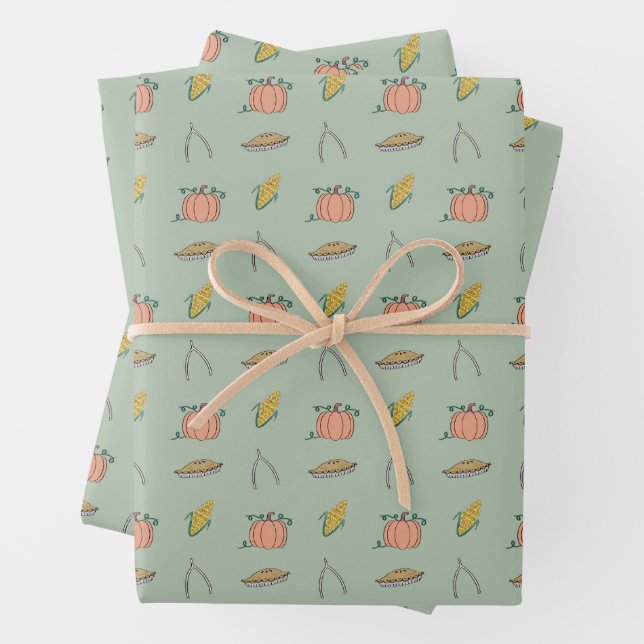Sage Autumn Harvest Festival Pretty Thanksgiving Wrapping Paper Sheet (In situ)