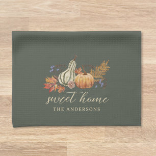 Sage Autumn Pumpkins Custom Family Name Tea Towel