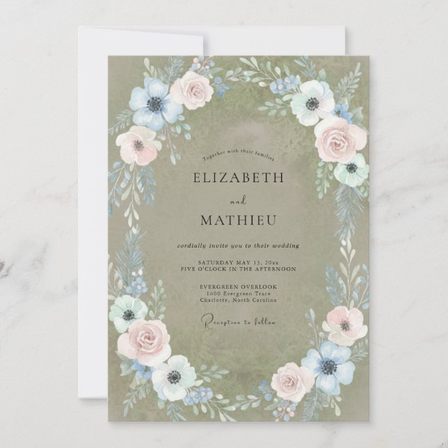 Sage Azure Blossom Wedding Invitation (Front)
