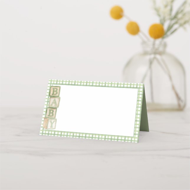 Sage Baby Blocks Blank Food & Favor Tent Cards (Front)
