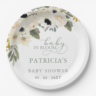 Sage Baby in Bloom Ivory Floral Girl Baby Shower Paper Plate