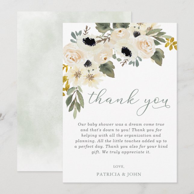 Sage Baby in Bloom Ivory Floral Girl Baby Shower Thank You Card (Front/Back)