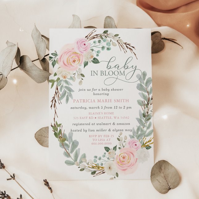 Sage Baby in Bloom Pink Floral Girl Baby Shower Invitation (Sage Baby in Bloom Pink Floral Girl Baby Shower Invitation)