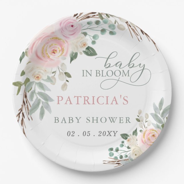 Sage Baby in Bloom Pink Floral Girl Baby Shower Paper Plate (Front)