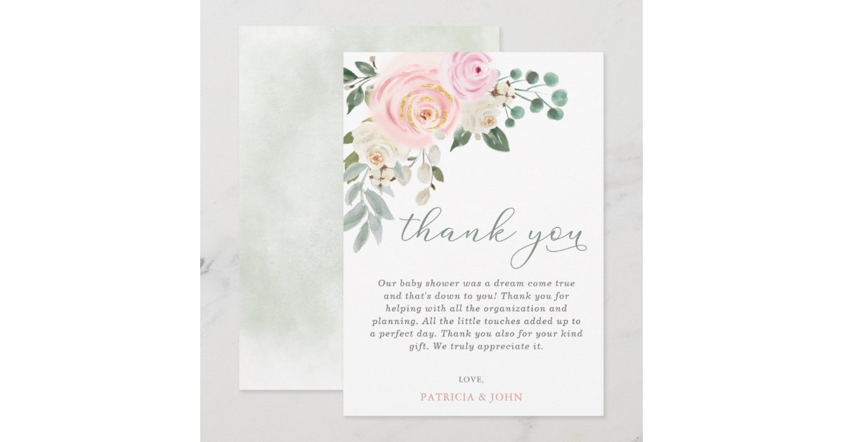 Sage Baby in Bloom Pink Floral Girl Baby Shower Thank You Card | Zazzle