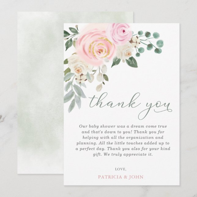 Sage Baby in Bloom Pink Floral Girl Baby Shower Thank You Card (Front/Back)