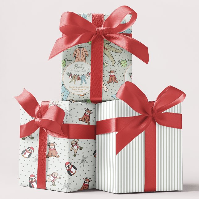 Sage Baby Its Cold Outside Winter Baby Shower Wrapping Paper Sheet (Christmas Winter Baby Shower Gift Wrap. Baby Xmas Pajamas, Cute Animals, Snowflakes, Striped Pattern)