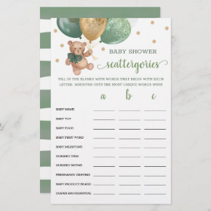 Sage Baby Shower Scattergories Game Teddy Bear 