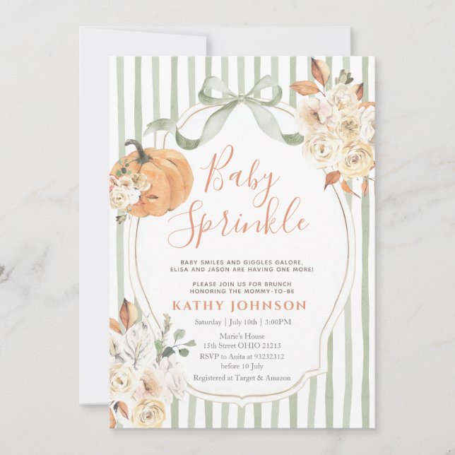 Sage Baby Sprinkle Autumn Pumpkin Baby Shower Invitation (Front)