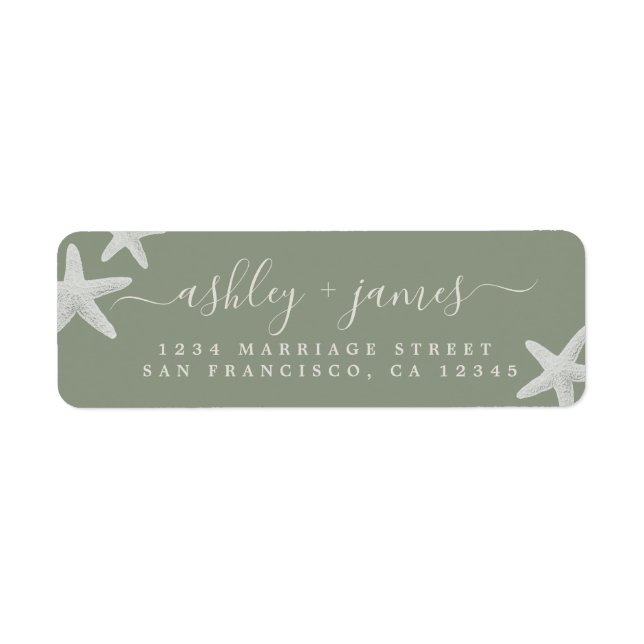 Sage Beach Starfish Script Wedding Return Address (Front)