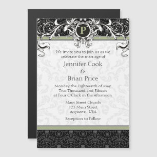 Sage Black Monogram Magnetic Wedding Invitation