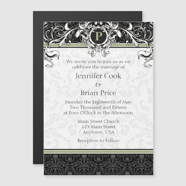 Sage Black Monogram Magnetic Wedding Invitation (Front/Back)