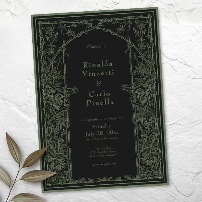 Sage Black Vintage Botanical Trellis Arch Wedding Invitation (Sage Black Vintage Botanical Trellis Arch Wedding Invitation)