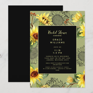 Sage & Black Watercolor Sunflower Bridal Shower Invitation