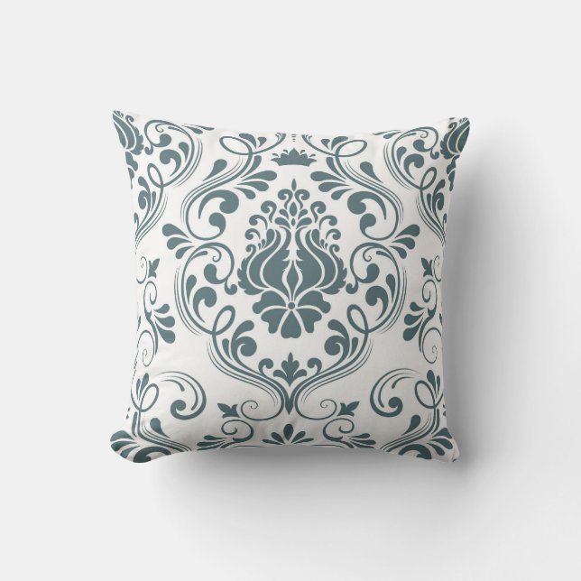 Sage Blue and White Damask Floral Pattern Elegant  Cushion (Front)