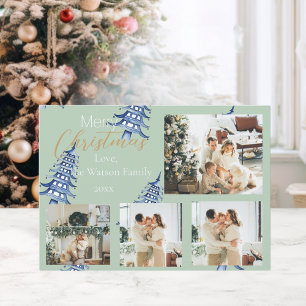 Sage blue Christmas Pagoda Trees 5-Photo Holiday Card
