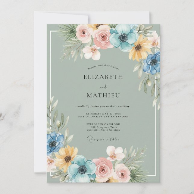Sage Blue Floral Romance Wedding Invitation (Front)