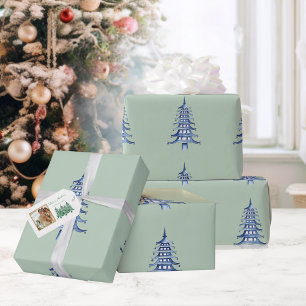 Sage Blue Pagoda Christmas Tree Pattern Wrapping  Wrapping Paper