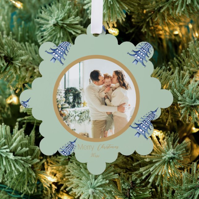 Sage Blue Pagoda Merry Christmas Tree 2-Photo Tree Decoration Card (Insitu (Tree))