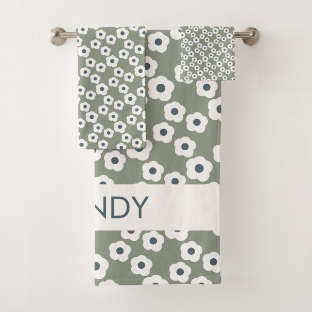 Sage Blue Personalised Modern Retro Floral   Bath Towel Set (Insitu)