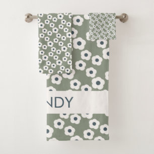 Sage Blue Personalized Modern Retro Floral   Bath Towel Set