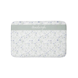 Sage Blue Watercolor Wildflower Monogram Name Bath Mat