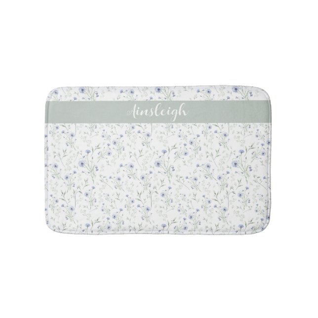 Sage Blue Watercolor Wildflower Monogram Name Bath Mat (Front)