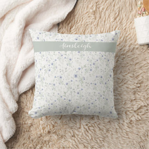 Sage Blue Watercolor Wildflower Monogram Name Cushion