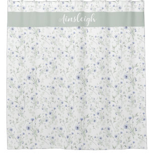 Sage Blue Watercolor Wildflower Monogram Name Shower Curtain