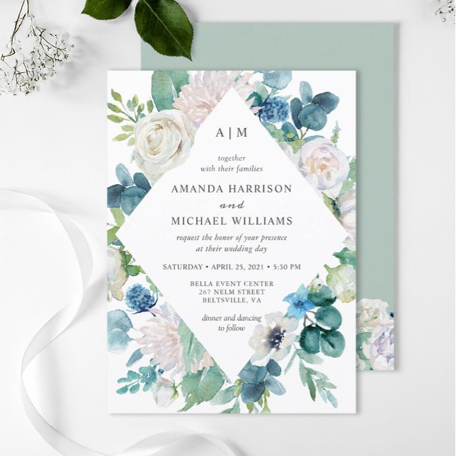 Sage Blue White Pastel Floral Wedding Invitation (Creator Uploaded)